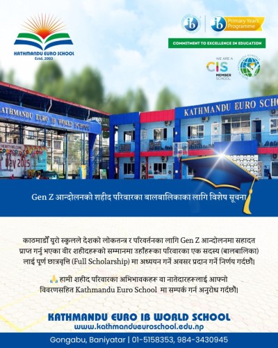 Kathmandu Euro IB World School Announces Full Scholarship for Children of Gen Z Movement Martyrs