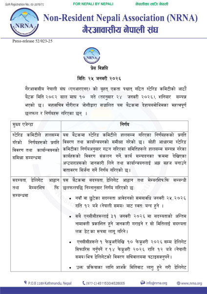 Important Decisions by NRNA Steering Committee Regarding Membership and Convention Process