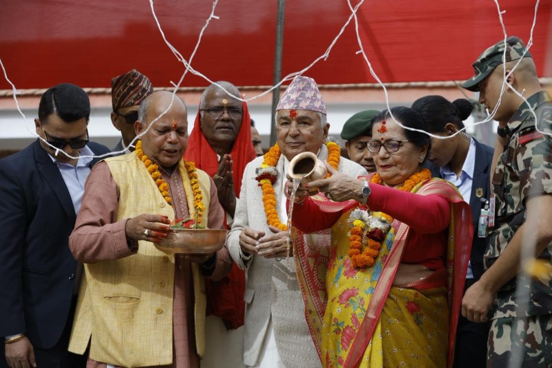 President Paudel, Accompanied by Wife, Offers Chhath Prayers at Gaurighat (Photos)