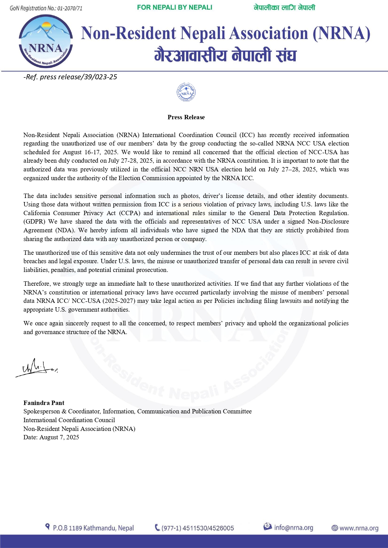 Press Release: NRNA ICC Condemns Unauthorized Use of Members' Data in NCC-USA Election Activities