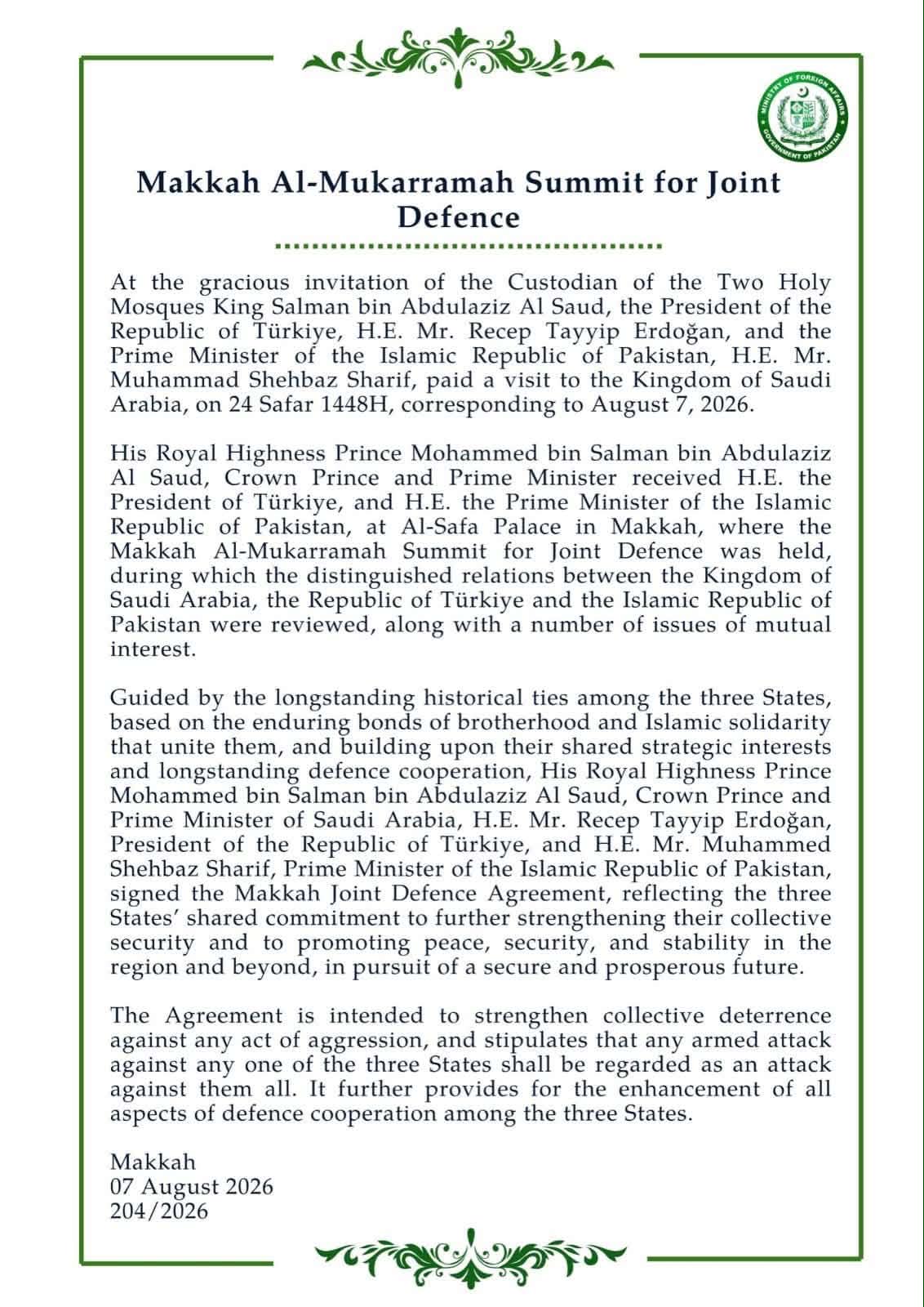 Saudi Arabia, Türkiye, and Pakistan Sign Landmark Joint Defense Agreement in Makkah