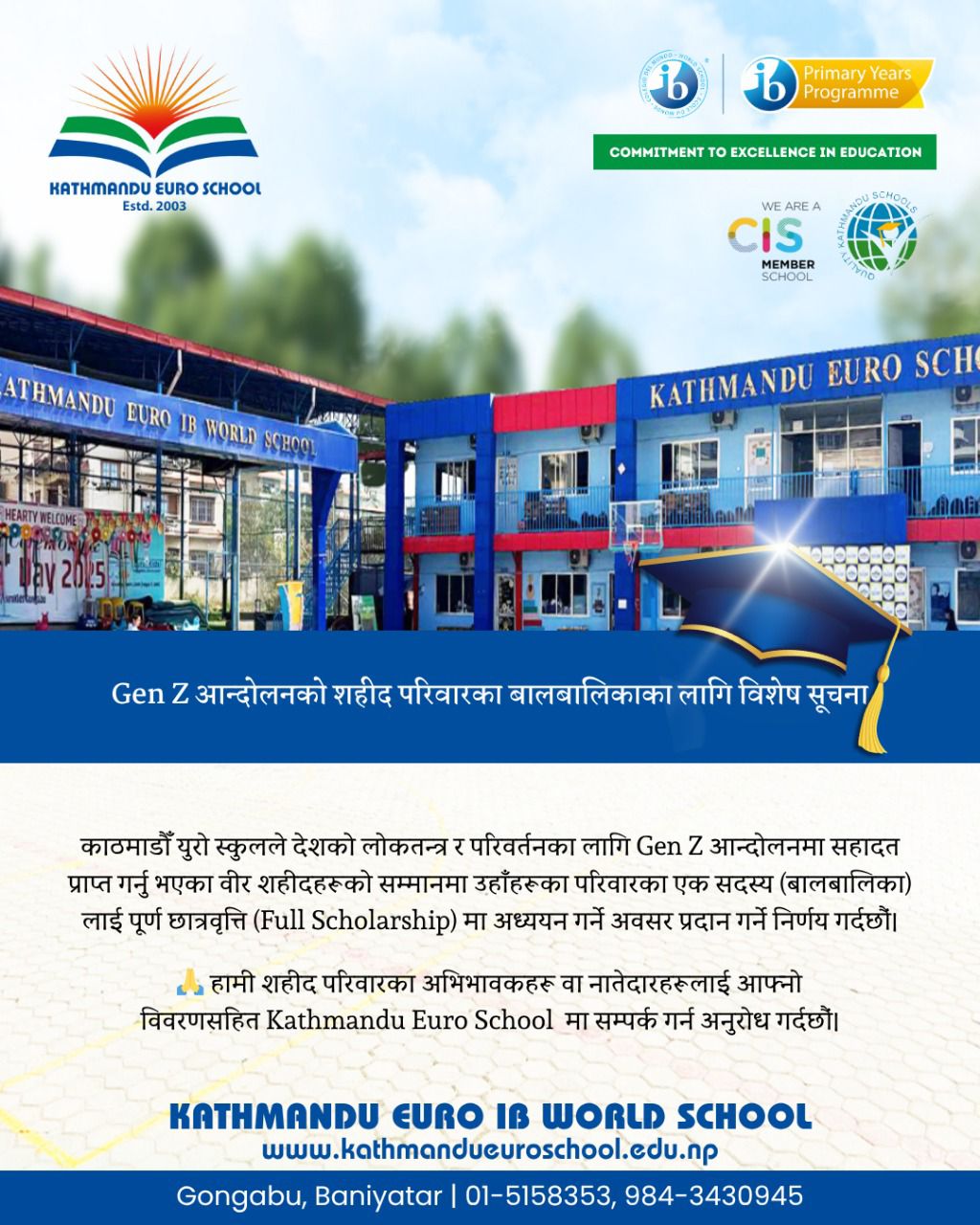 Kathmandu Euro IB World School Announces Full Scholarship for Children of Gen Z Movement Martyrs