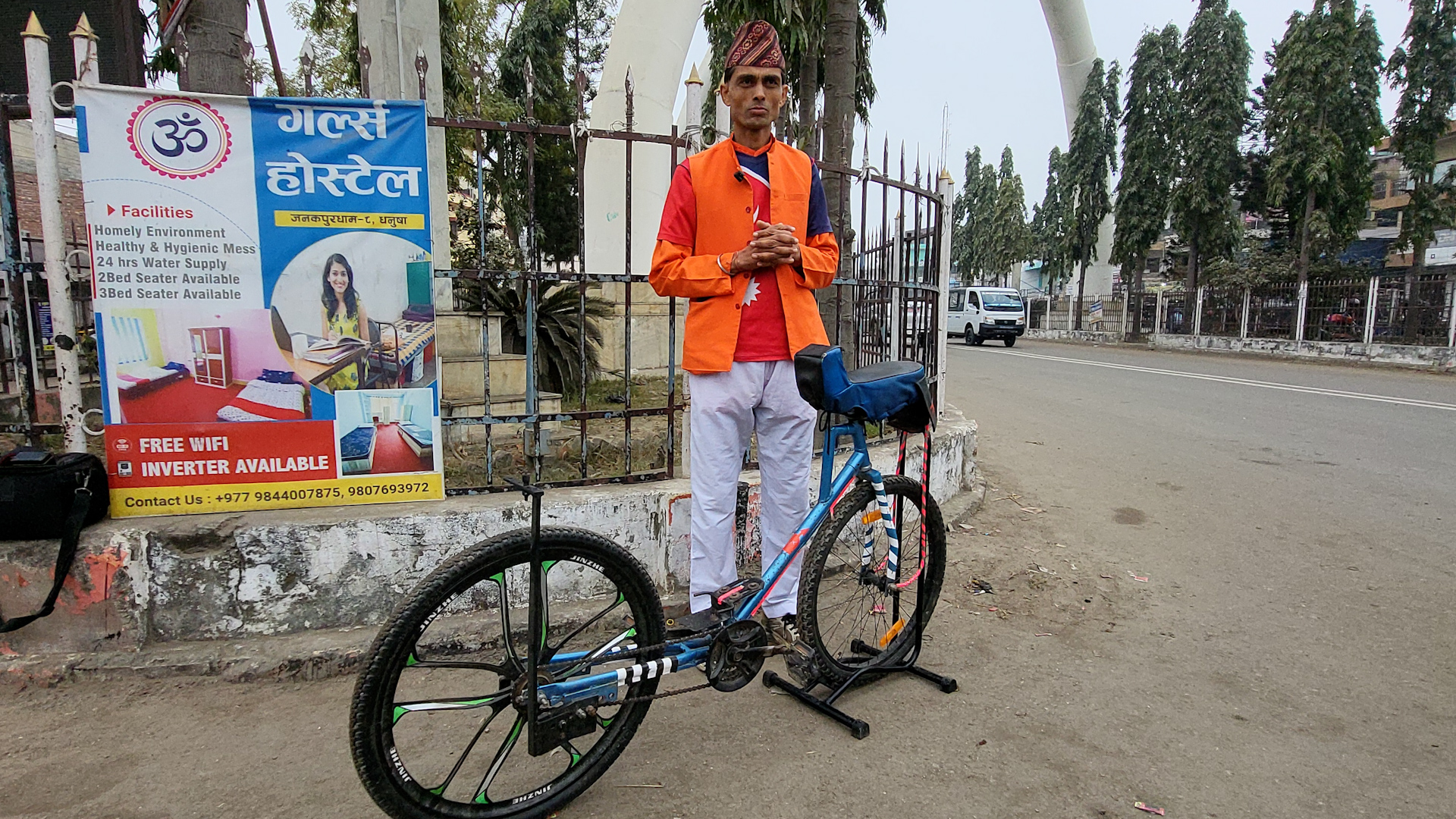 Public Health Worker Promotes Nature Protection by Riding a Bicycle Backwards