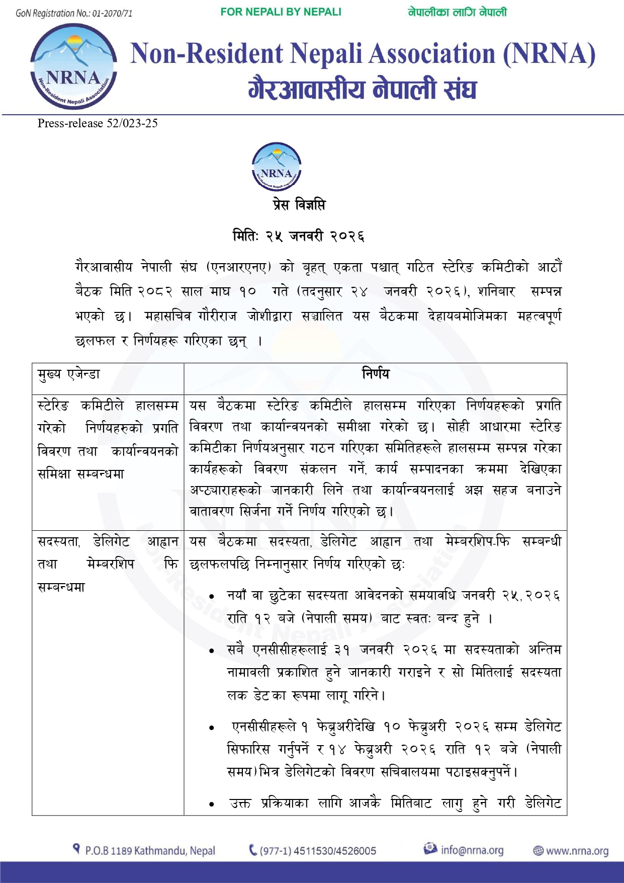 Important Decisions by NRNA Steering Committee Regarding Membership and Convention Process