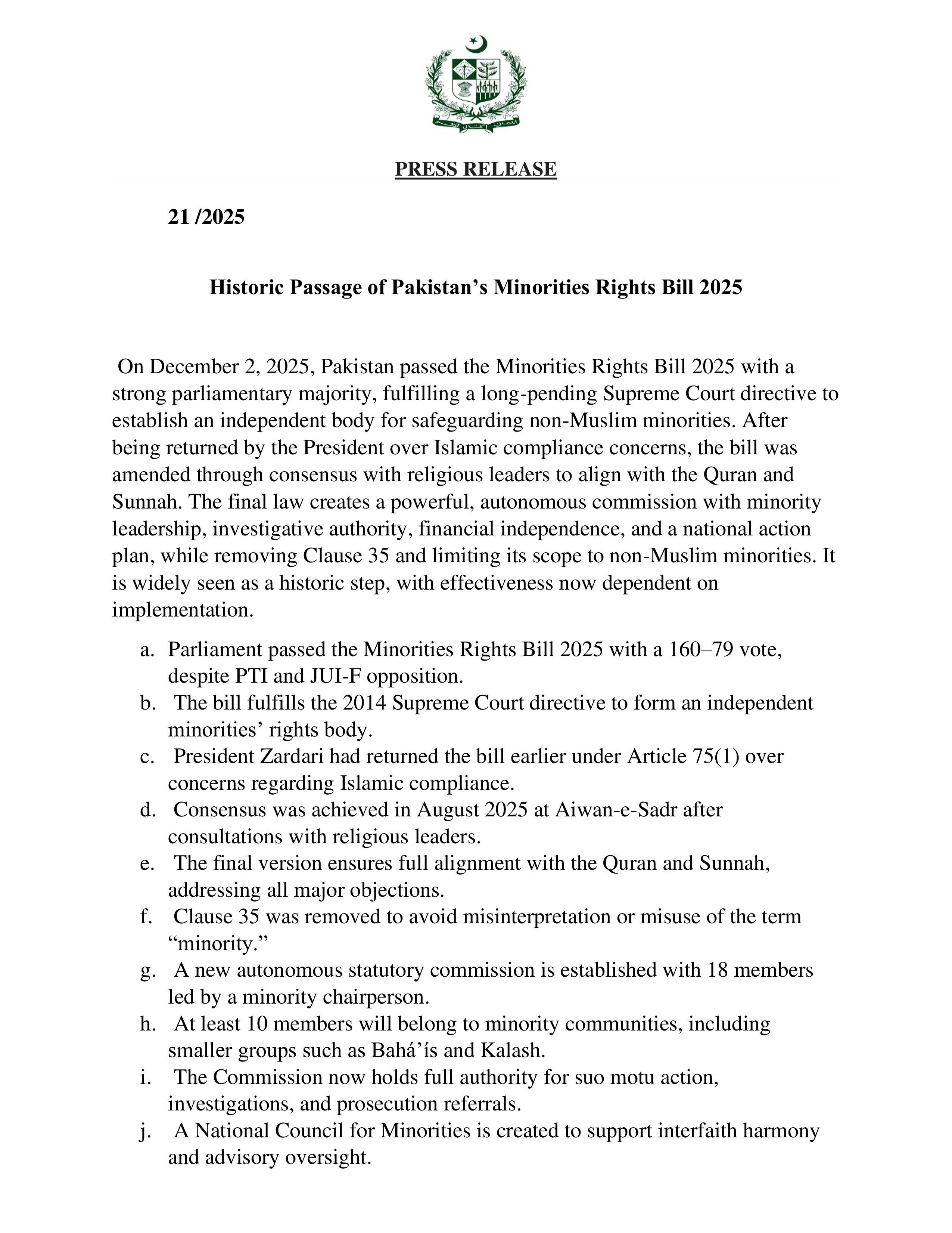 Pakistan Passes Historic Minorities Rights Bill 2025