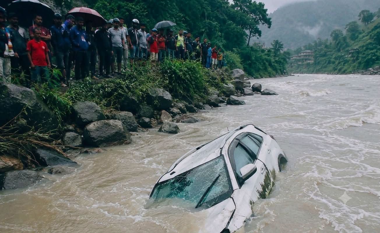 Car Falls into Sunkoshi River After Being Struck by Bus in Fikkal, Sindhuli; Four Missing