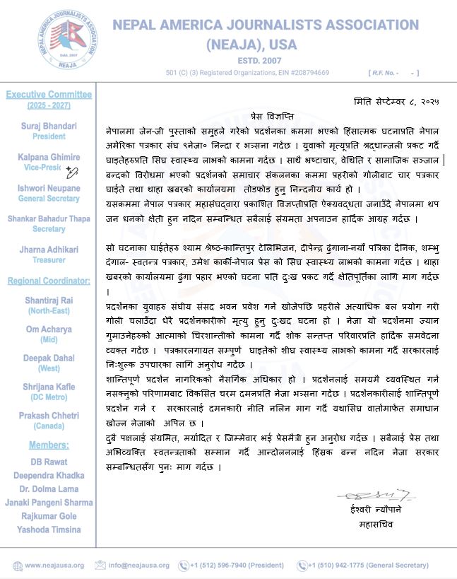 NEJA Condemns Violence During Gen-Z Protest in Nepal