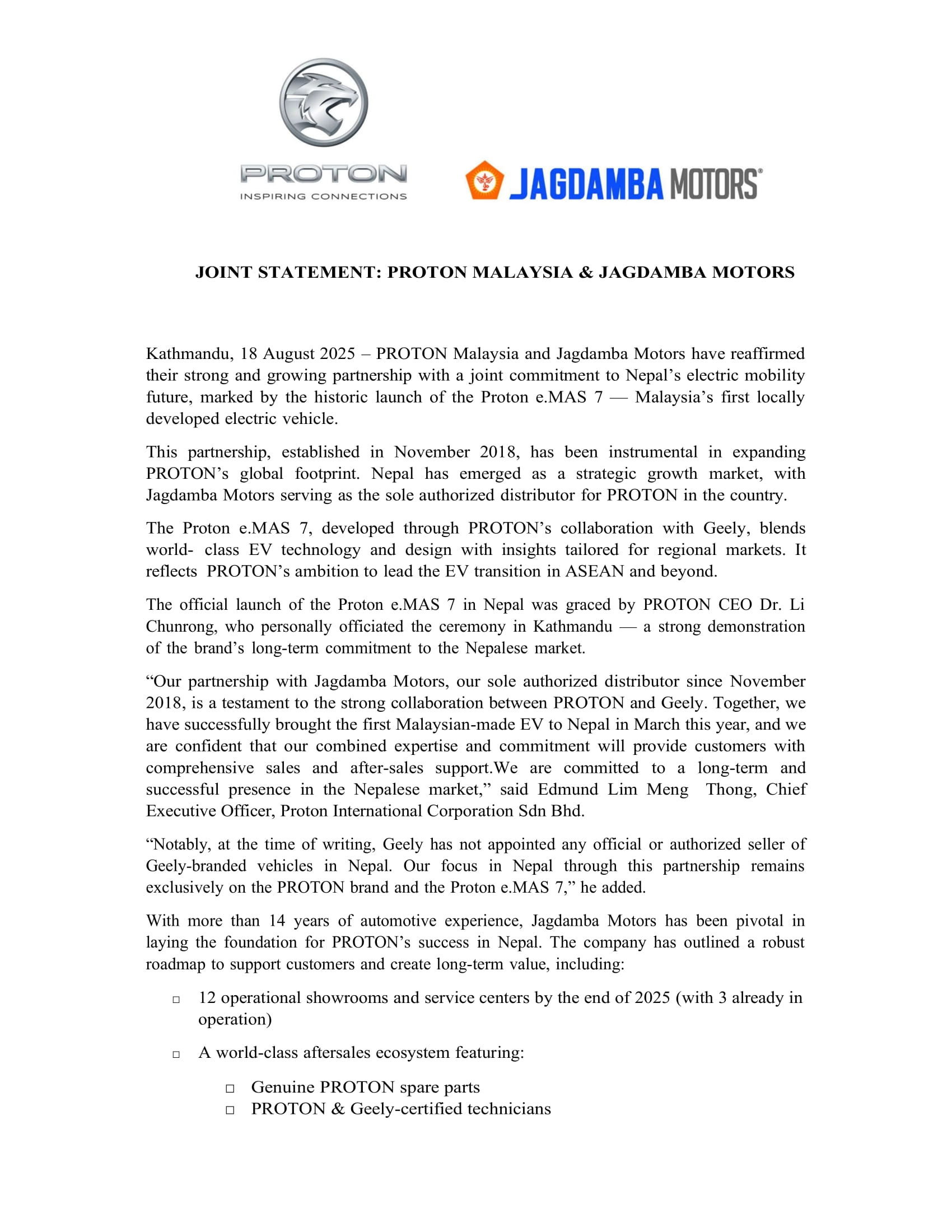 Proton and Jagdamba Motors Launch Malaysia’s First EV in Nepal